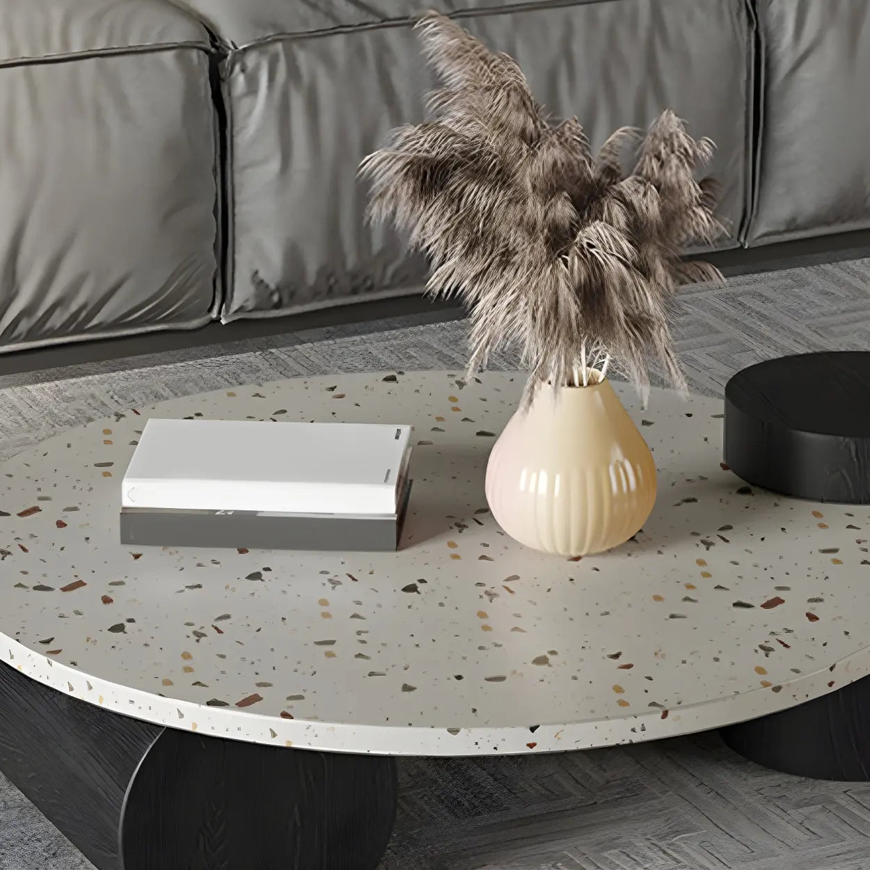 White Round Terrazzo Black Wood Base Coffee Table — Off-White