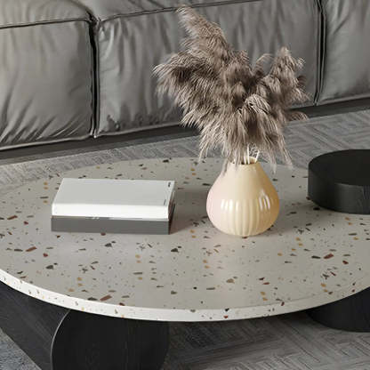 White Round Terrazzo Black Wood Base Coffee Table — Off-White