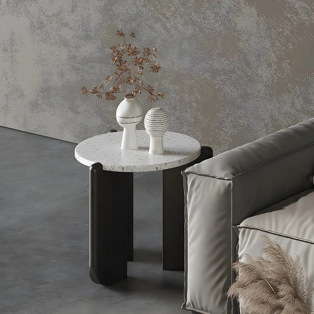 White Round Terrazzo Black Wood Base Coffee Table — Off-White