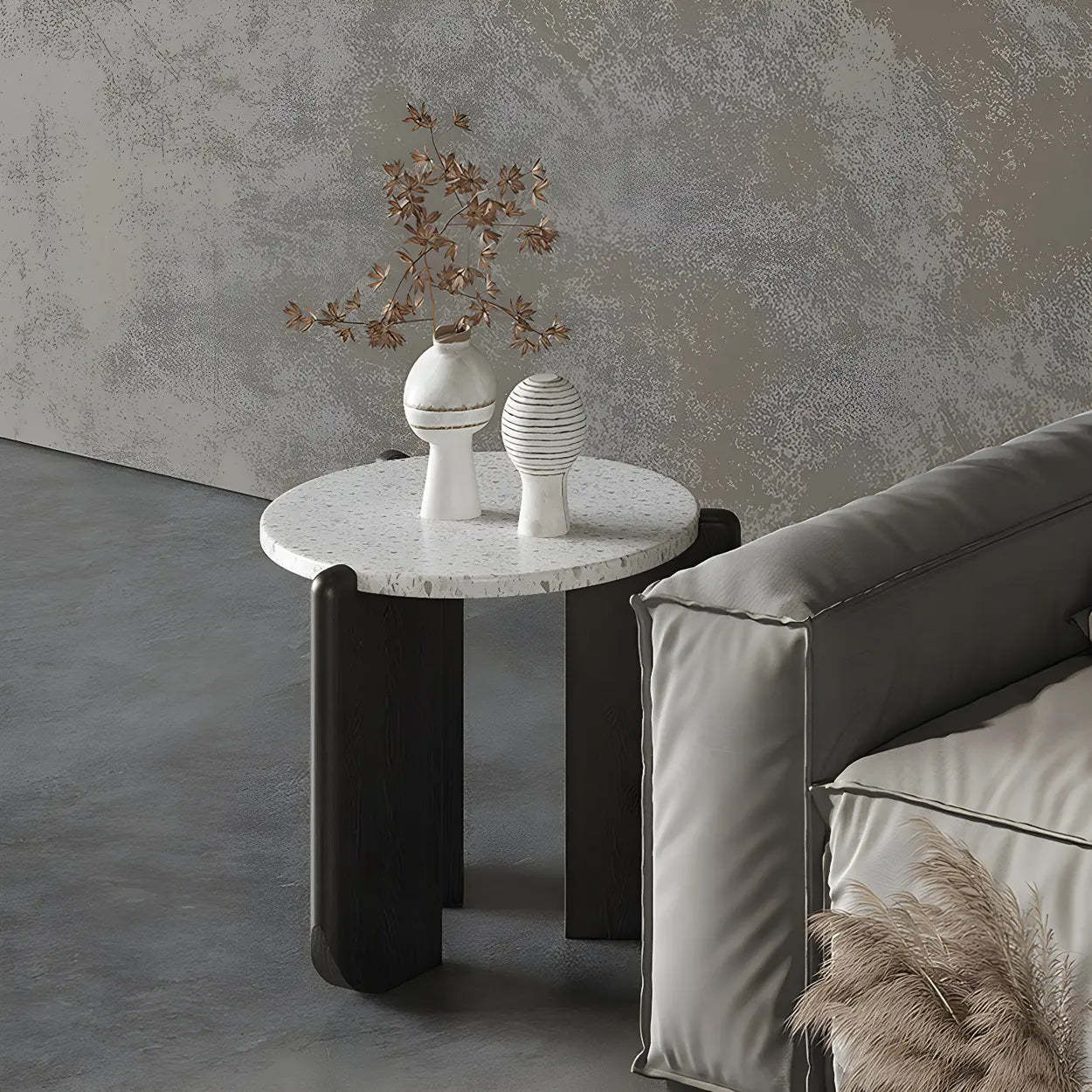White Round Terrazzo Black Wood Base Coffee Table — Off-White