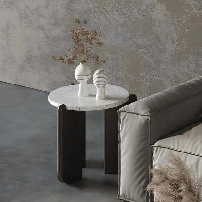 White Round Terrazzo Black Wood Base Coffee Table — Off-White