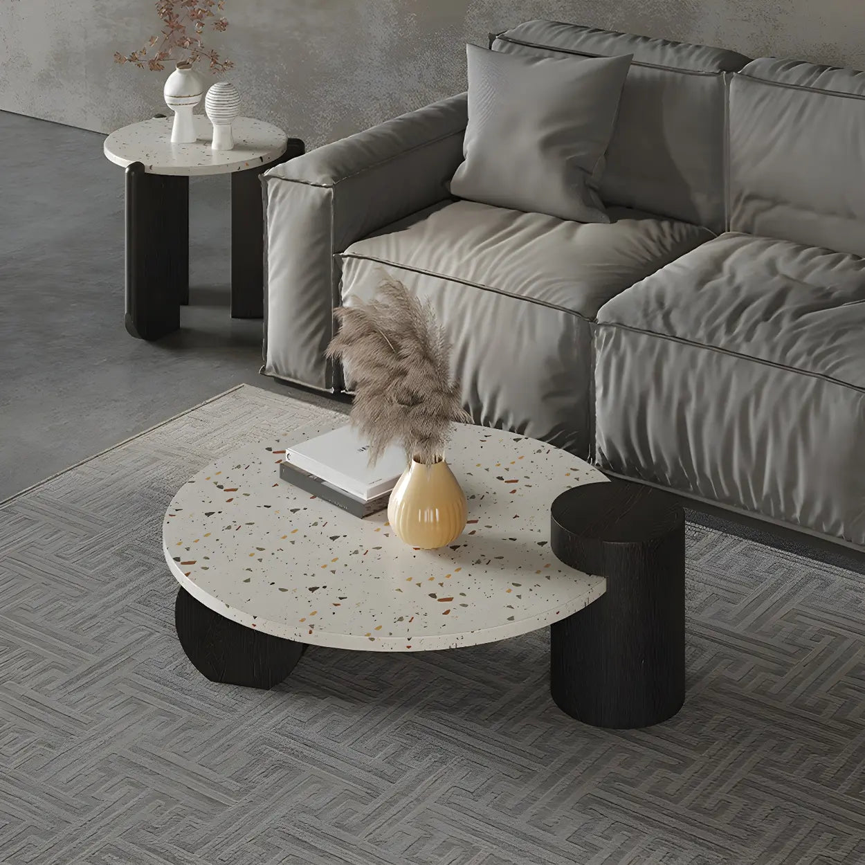White Round Terrazzo Black Wood Base Coffee Table — Off-White