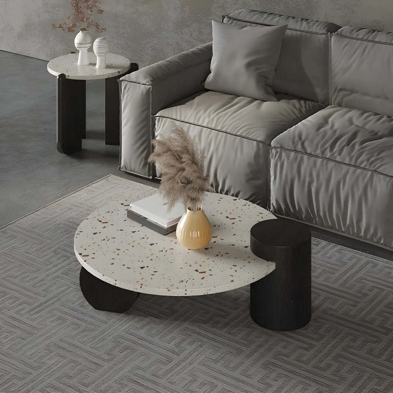 White Round Terrazzo Black Wood Base Coffee Table — Off-White