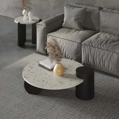 White Round Terrazzo Black Wood Base Coffee Table — Off-White