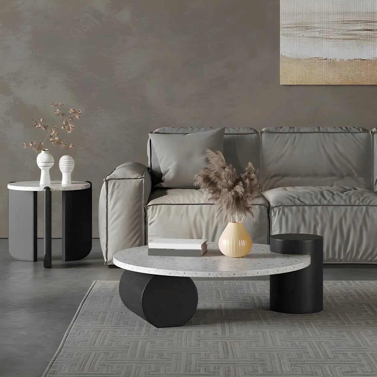 White Round Terrazzo Black Wood Base Coffee Table — White