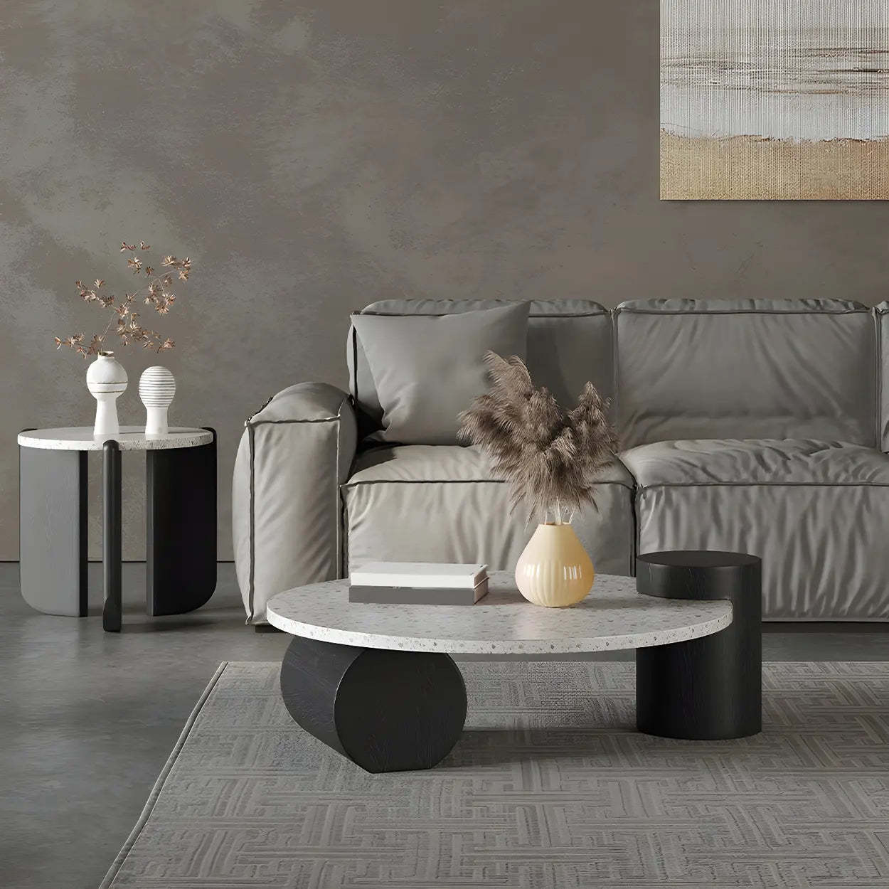 White Round Terrazzo Black Wood Base Coffee Table — White