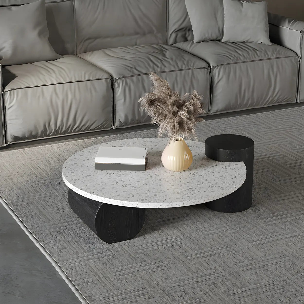 White Round Terrazzo Black Wood Base Coffee Table — Off-White
