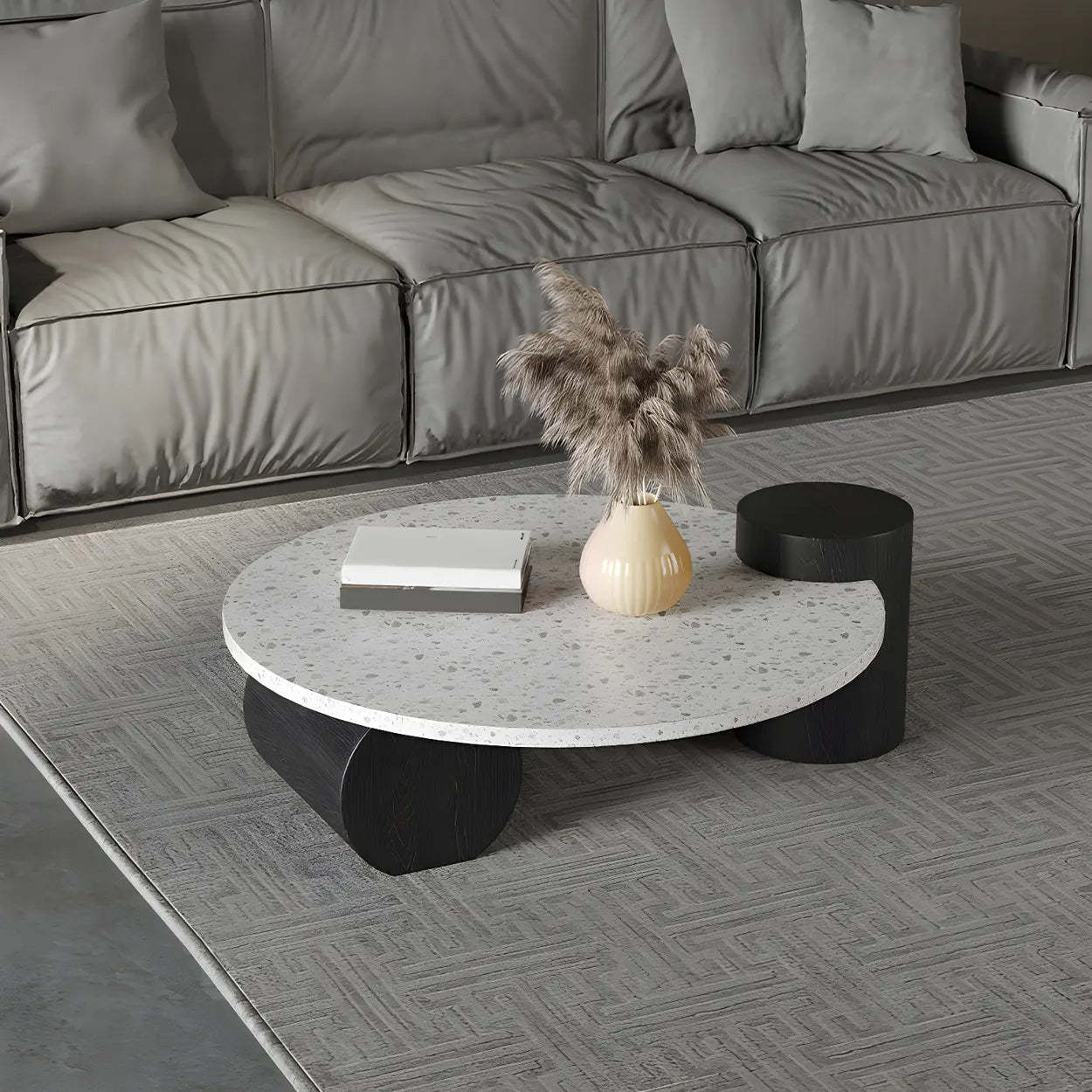 White Round Terrazzo Black Wood Base Coffee Table — Off-White