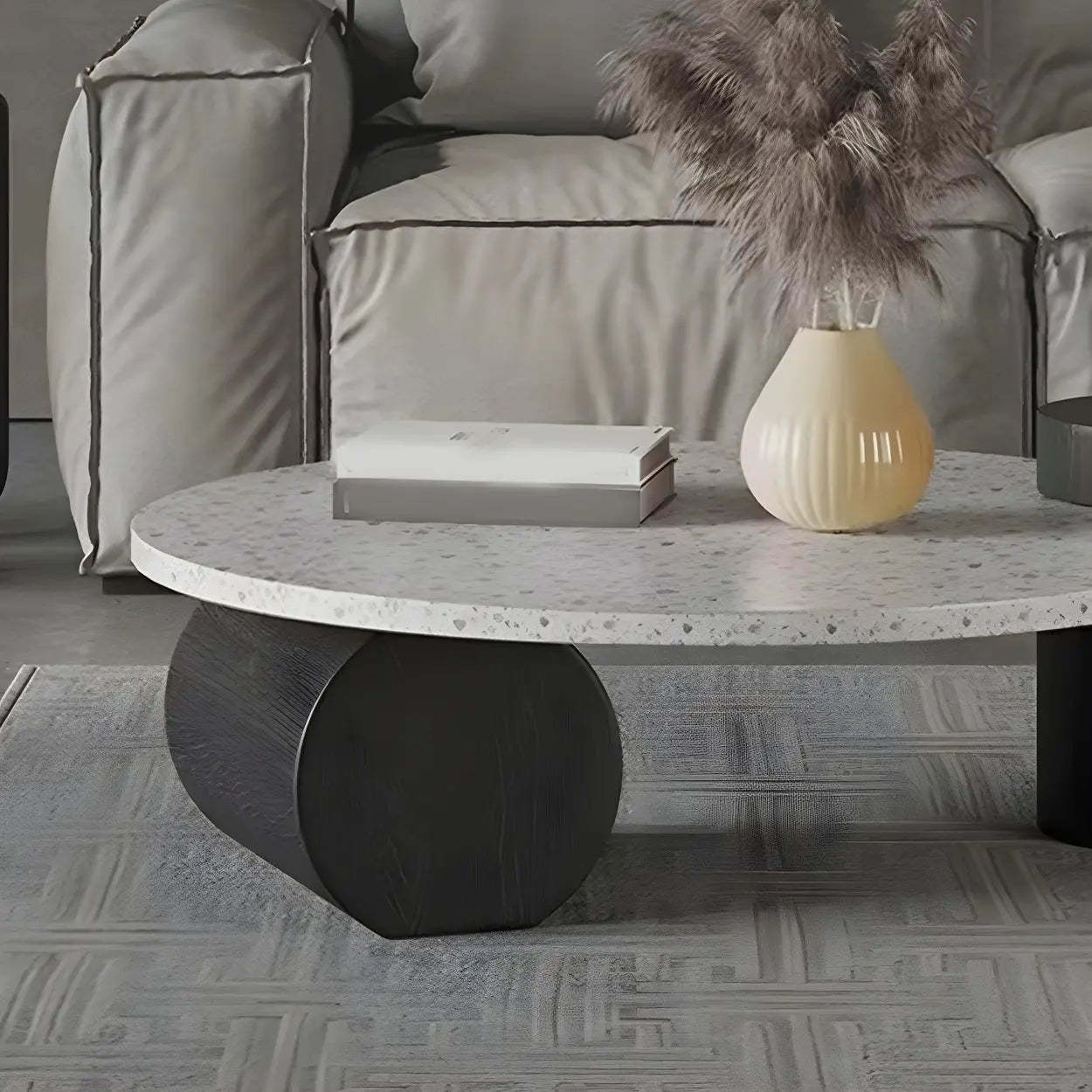 White Round Terrazzo Black Wood Base Coffee Table — White