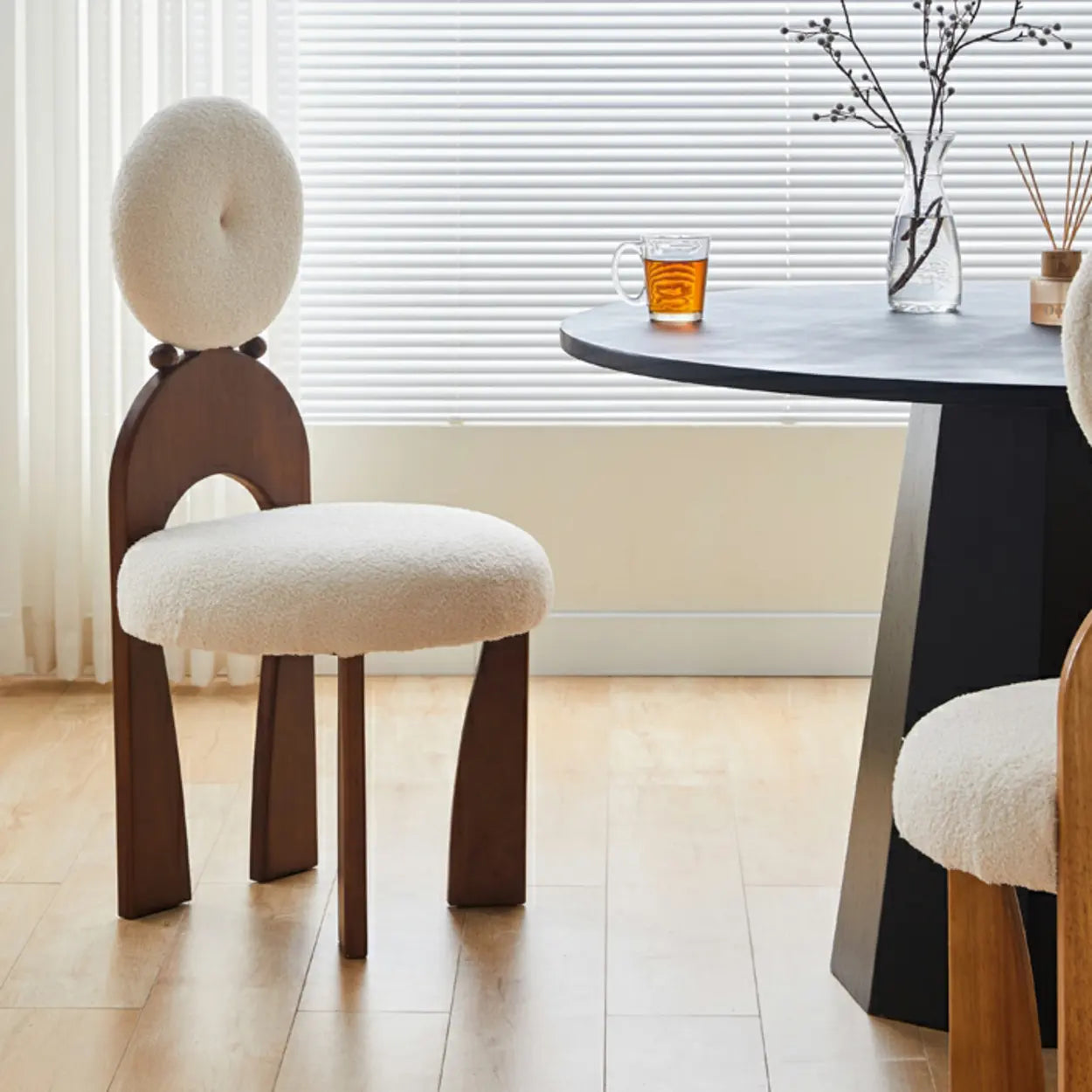 White Round Wood King Louis Velvet Dining Chair