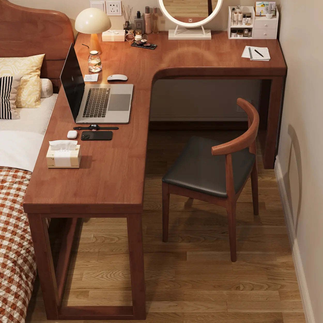 White Rubberwood L-Shape Butcher Block Writing Desk — Nut-Brown / Table Only