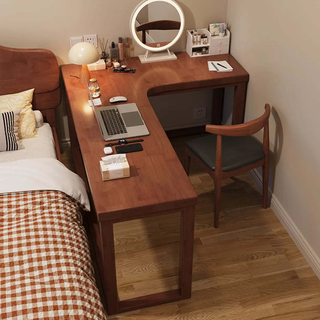 White Rubberwood L-Shape Butcher Block Writing Desk — Nut-Brown / Table Only