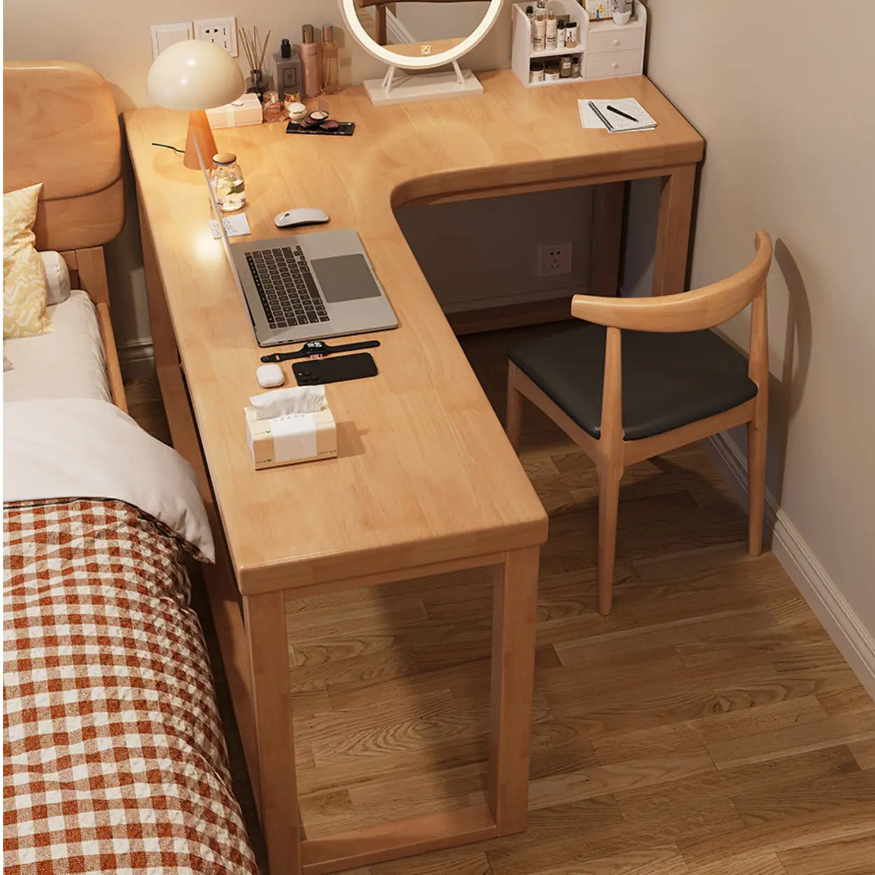 White Rubberwood L-Shape Butcher Block Writing Desk — Nut-Brown / Table Only