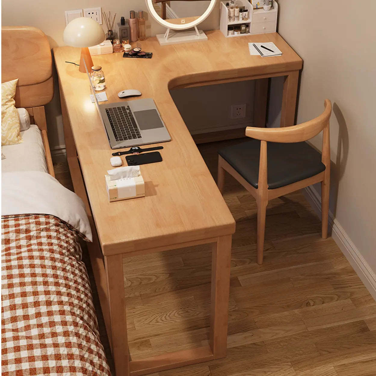 White Rubberwood L-Shape Butcher Block Writing Desk — Nut-Brown / Table Only