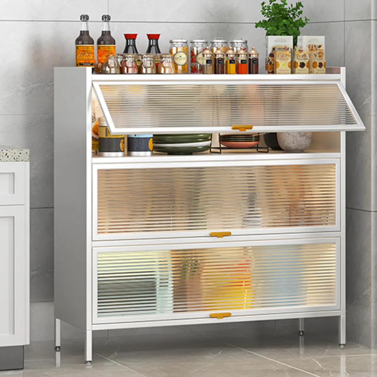 White Rust Resistant Steel Baker's Rack with Cabinet — Grey