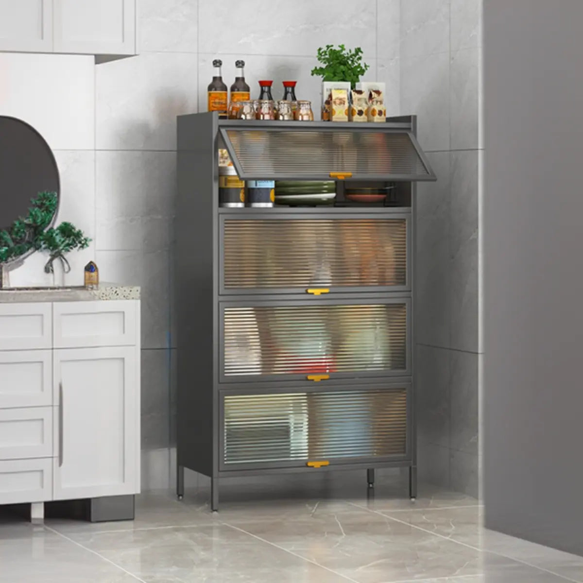 White Rust Resistant Steel Baker's Rack with Cabinet — White