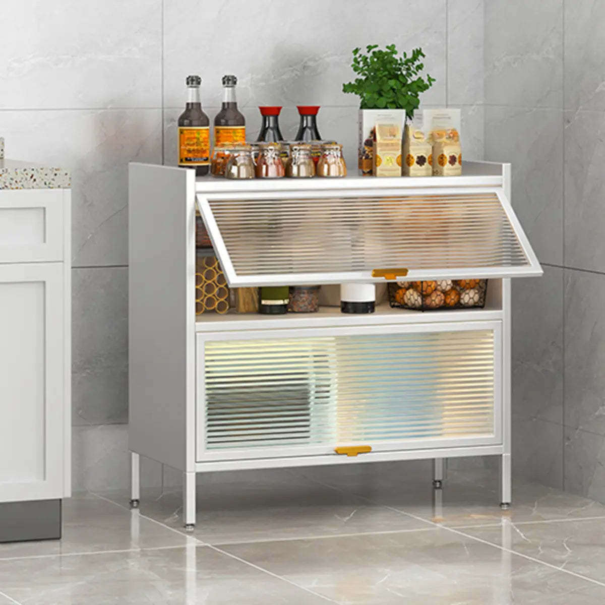 White Rust Resistant Steel Baker's Rack with Cabinet — Grey