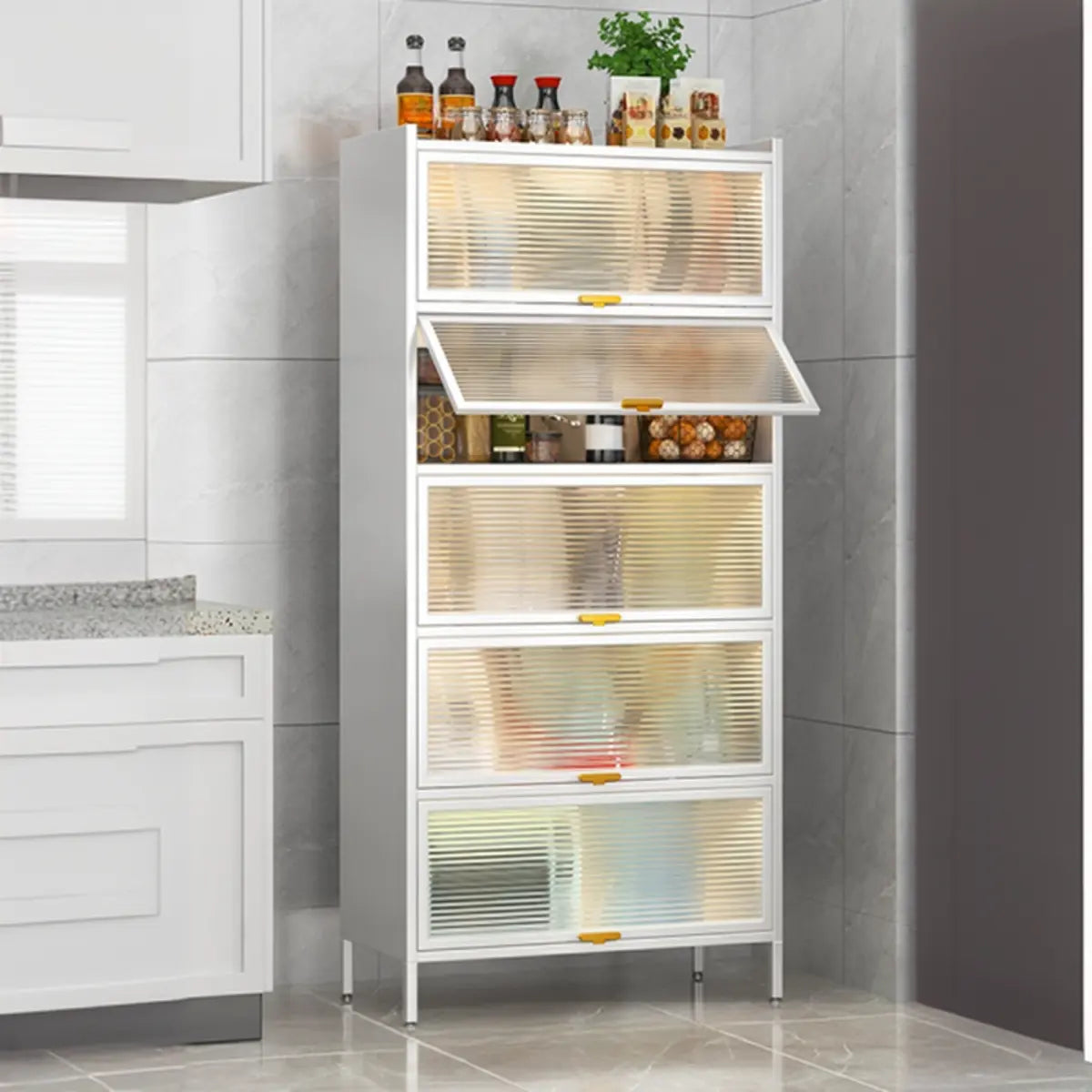 White Rust Resistant Steel Baker's Rack with Cabinet — Grey