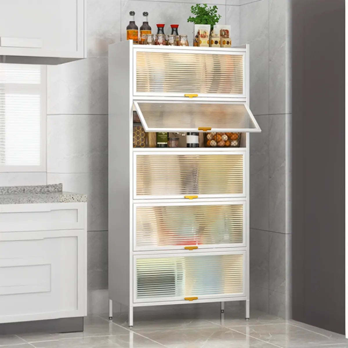 White Rust Resistant Steel Baker's Rack with Cabinet — Grey