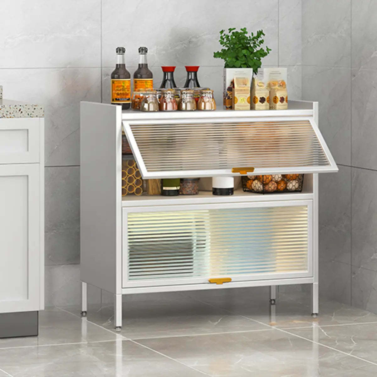 White Rust Resistant Steel Baker's Rack with Cabinet — Grey