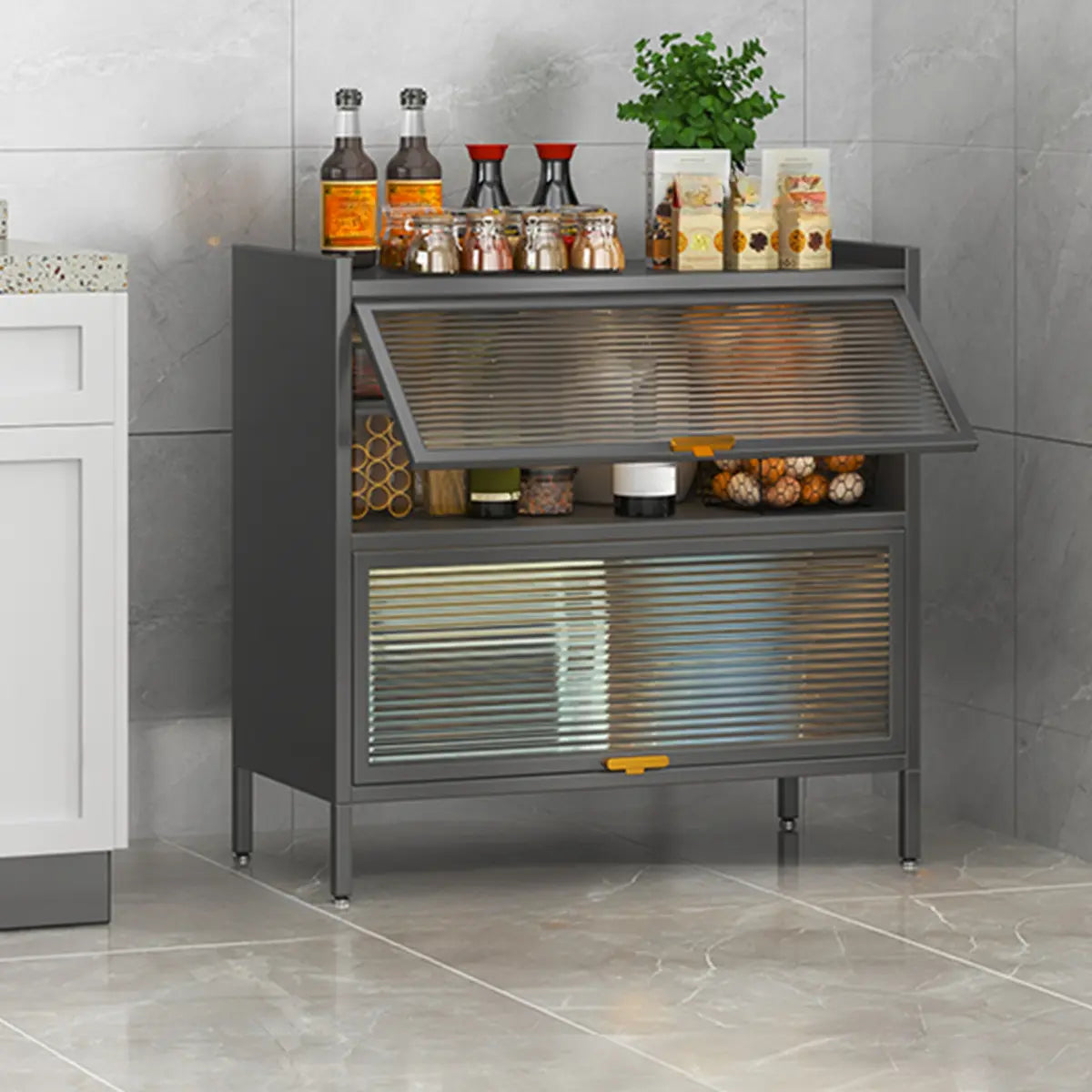 White Rust Resistant Steel Baker's Rack with Cabinet — Grey
