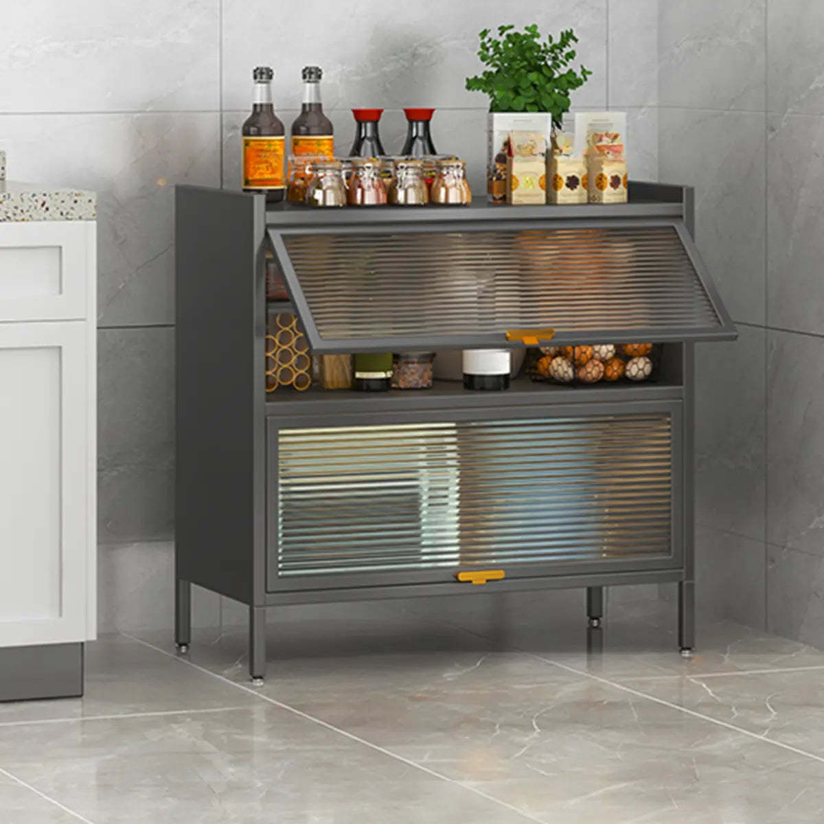 White Rust Resistant Steel Baker's Rack with Cabinet — Grey