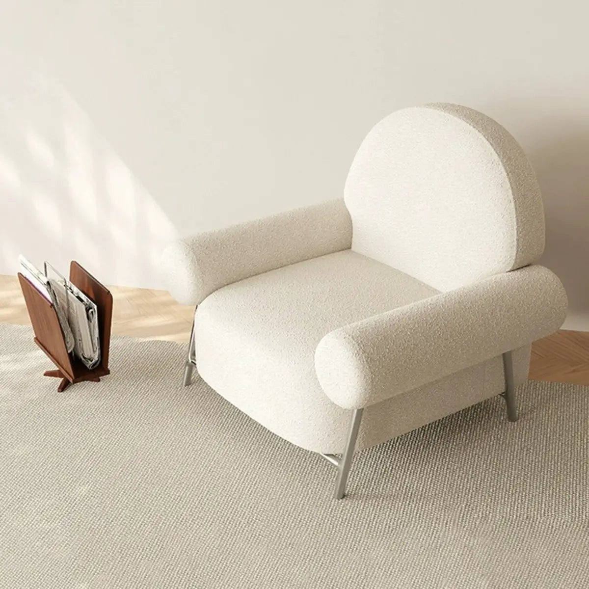 White Sherpa Arm Chair with Four Silver Legs — Black / Leathaire