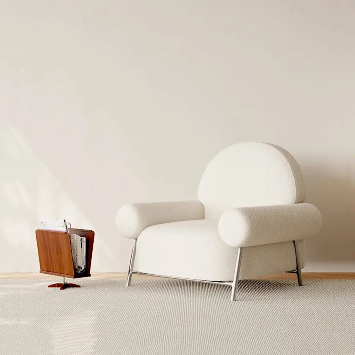White Sherpa Arm Chair with Four Silver Legs — Coffee / Sherpa