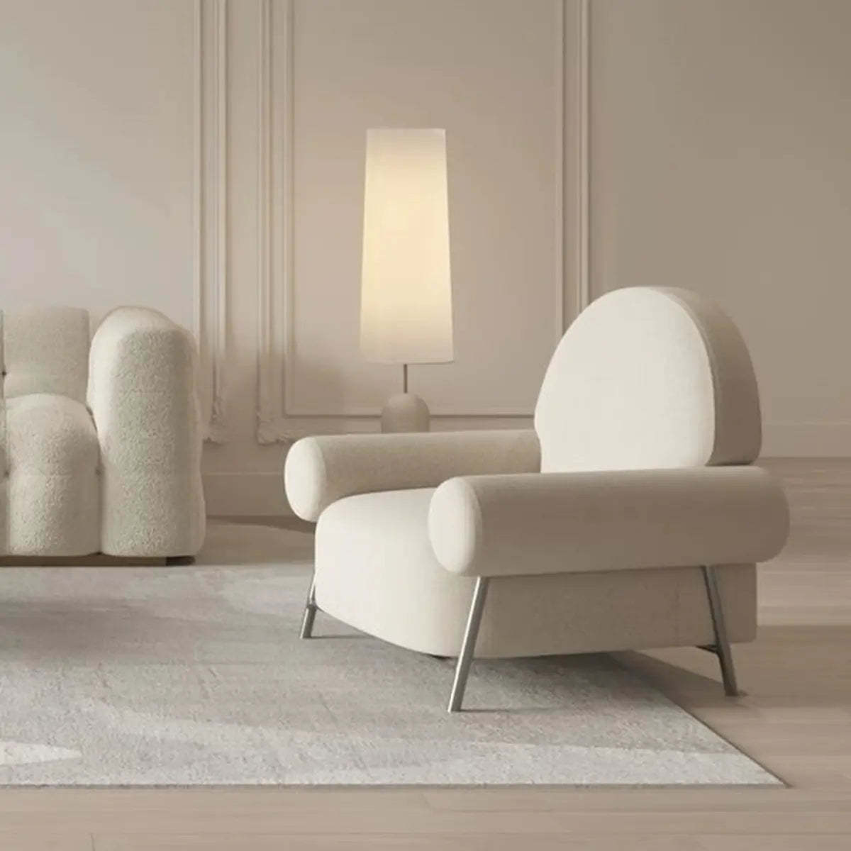 White Sherpa Arm Chair with Four Silver Legs