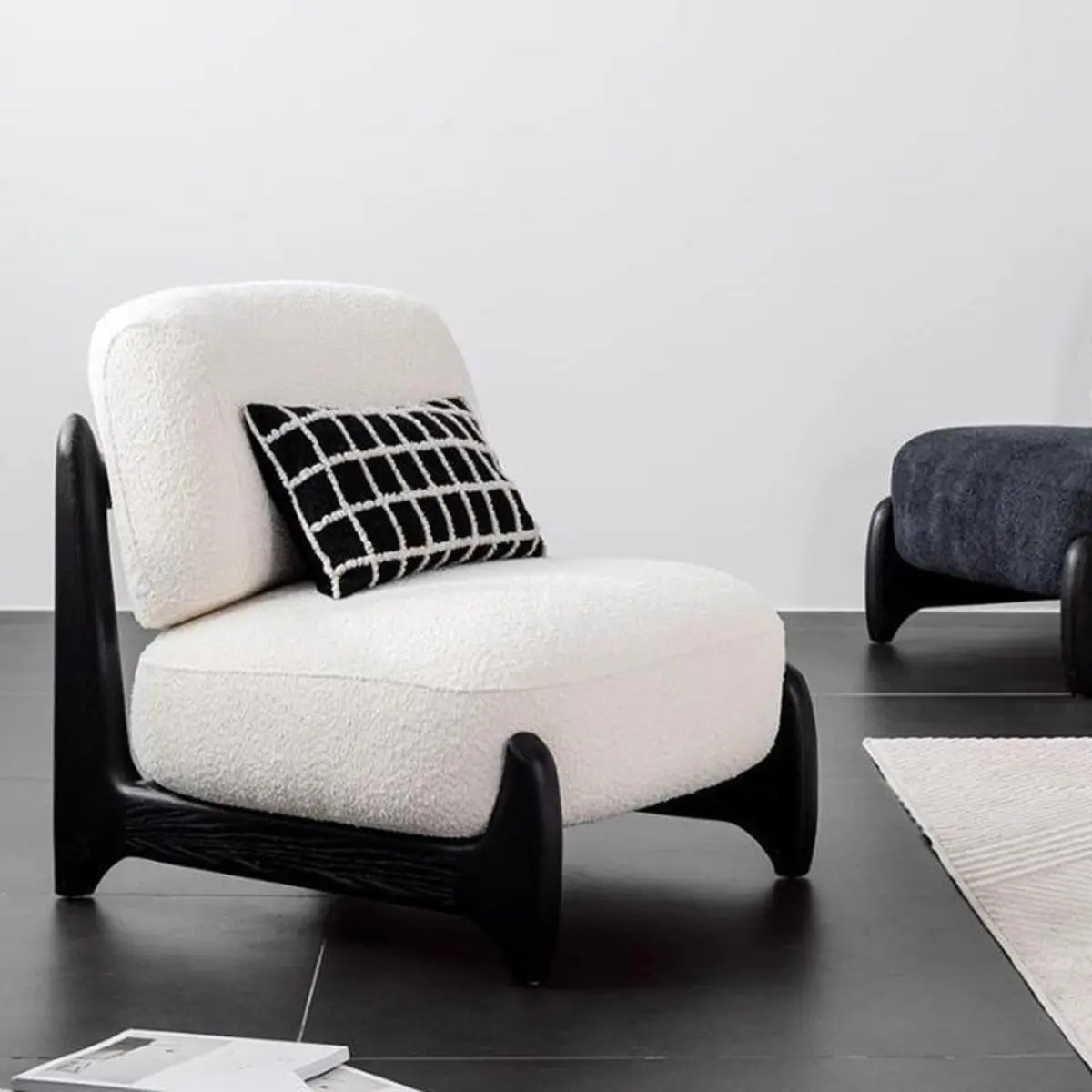 White Sherpa Black Wood Leg Slipper Chair