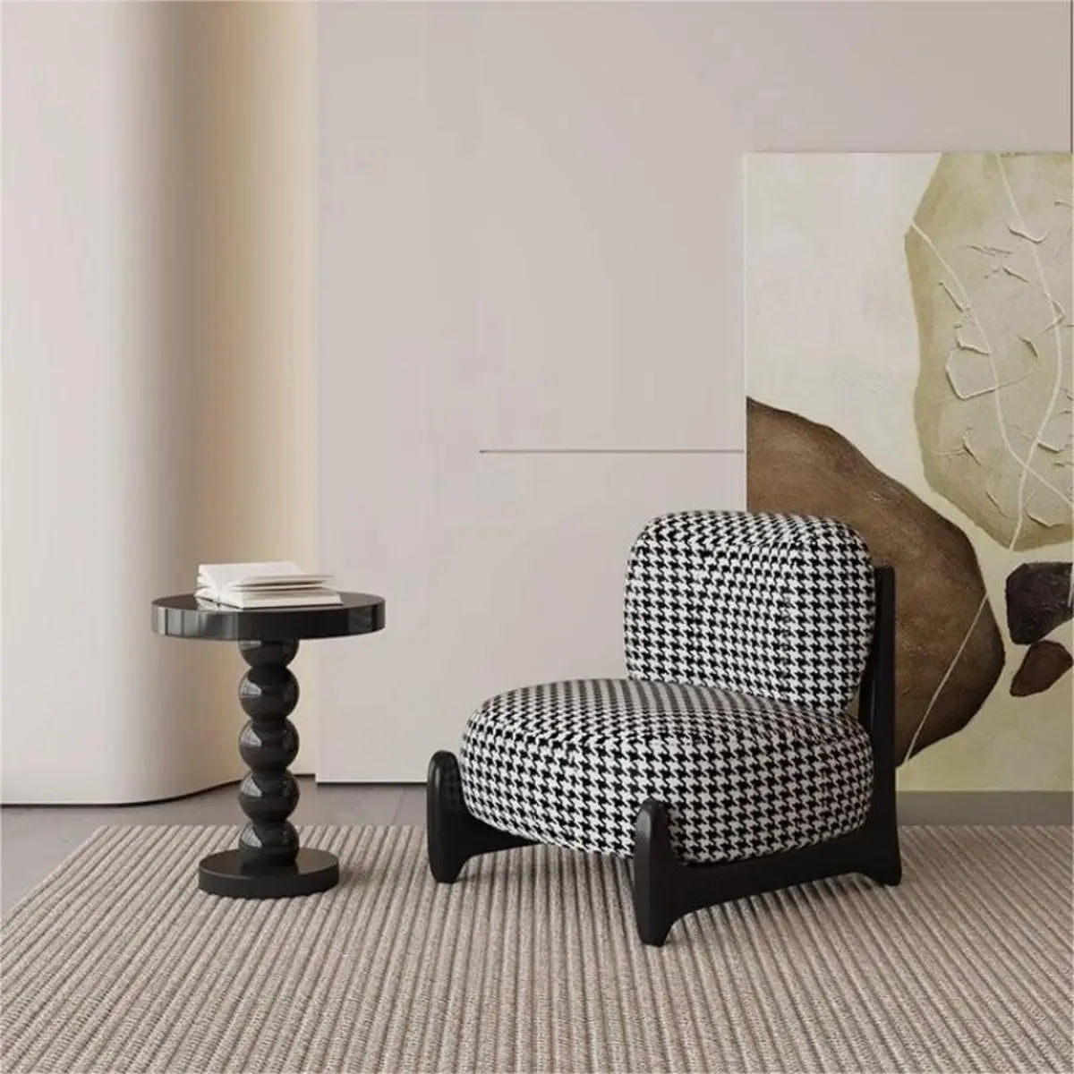 White Sherpa Black Wood Leg Slipper Chair — Houndstooth pattern / Microfiber