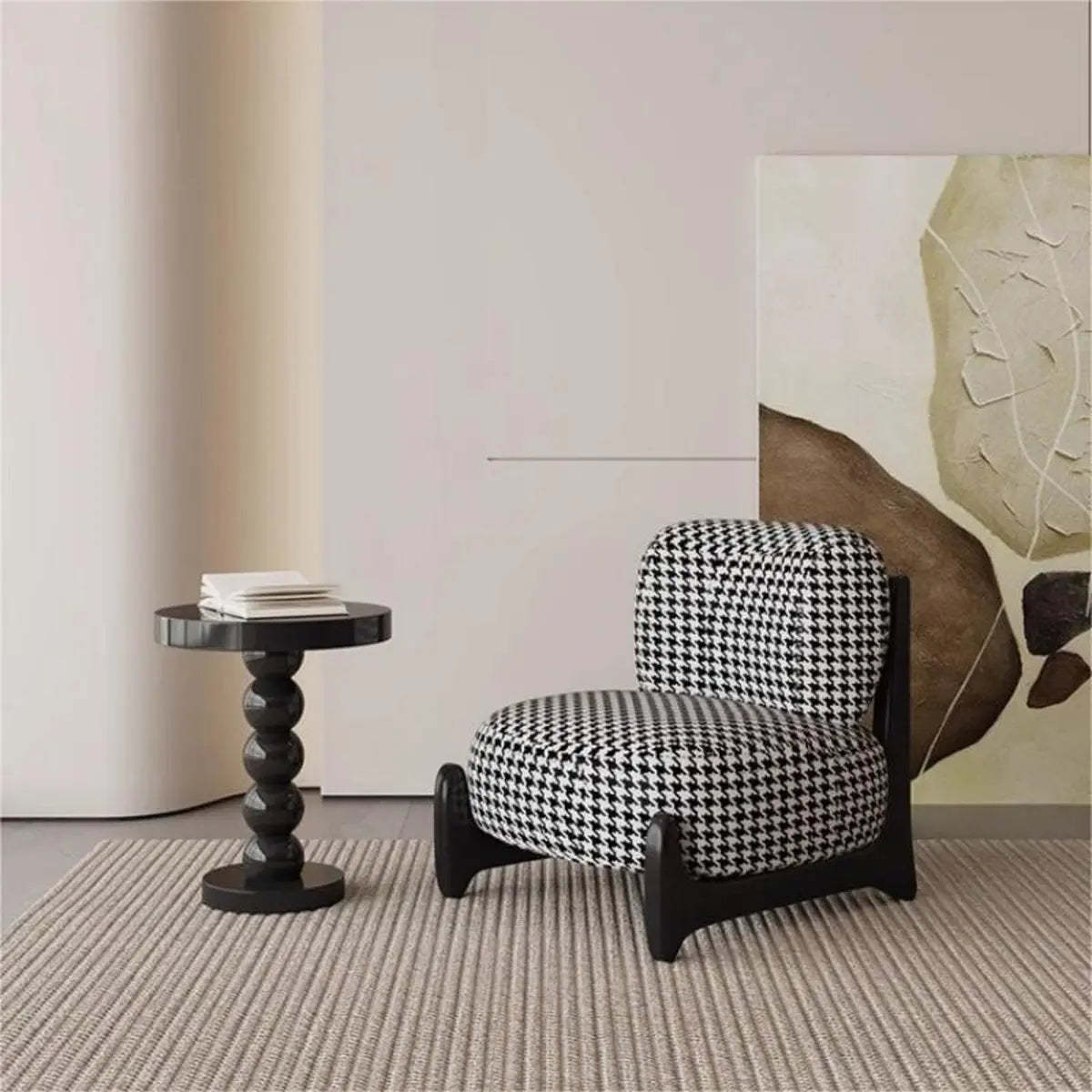 White Sherpa Black Wood Leg Slipper Chair — Houndstooth pattern / Microfiber