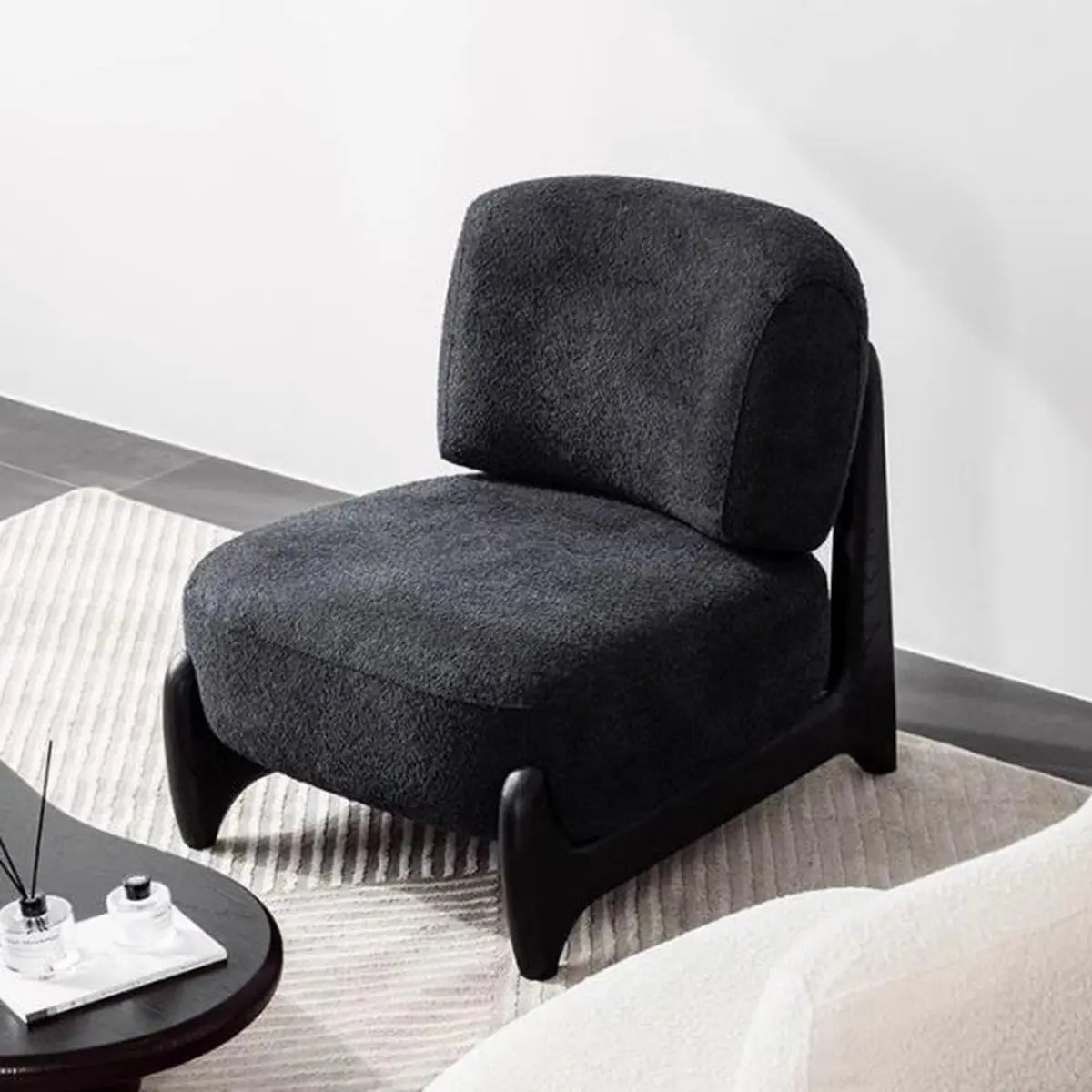 White Sherpa Black Wood Leg Slipper Chair — White / Sherpa