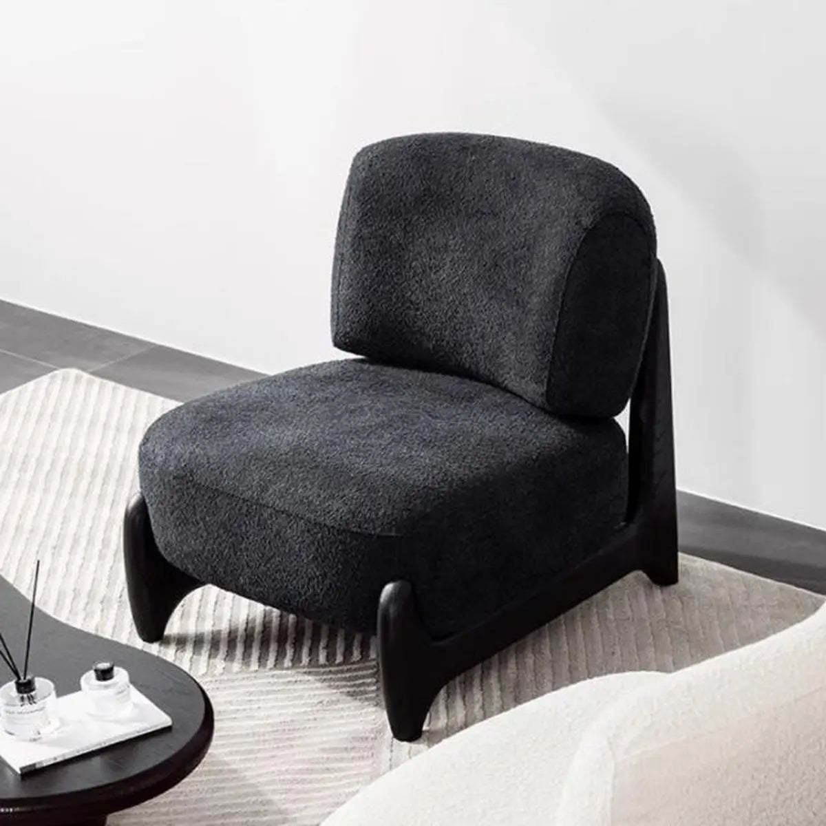White Sherpa Black Wood Leg Slipper Chair — White / Sherpa