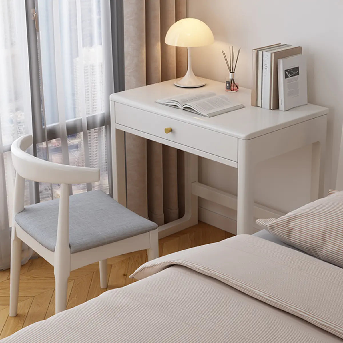 Small White Wood Drawer Sled Writing Desk — Without Chairs / Natural