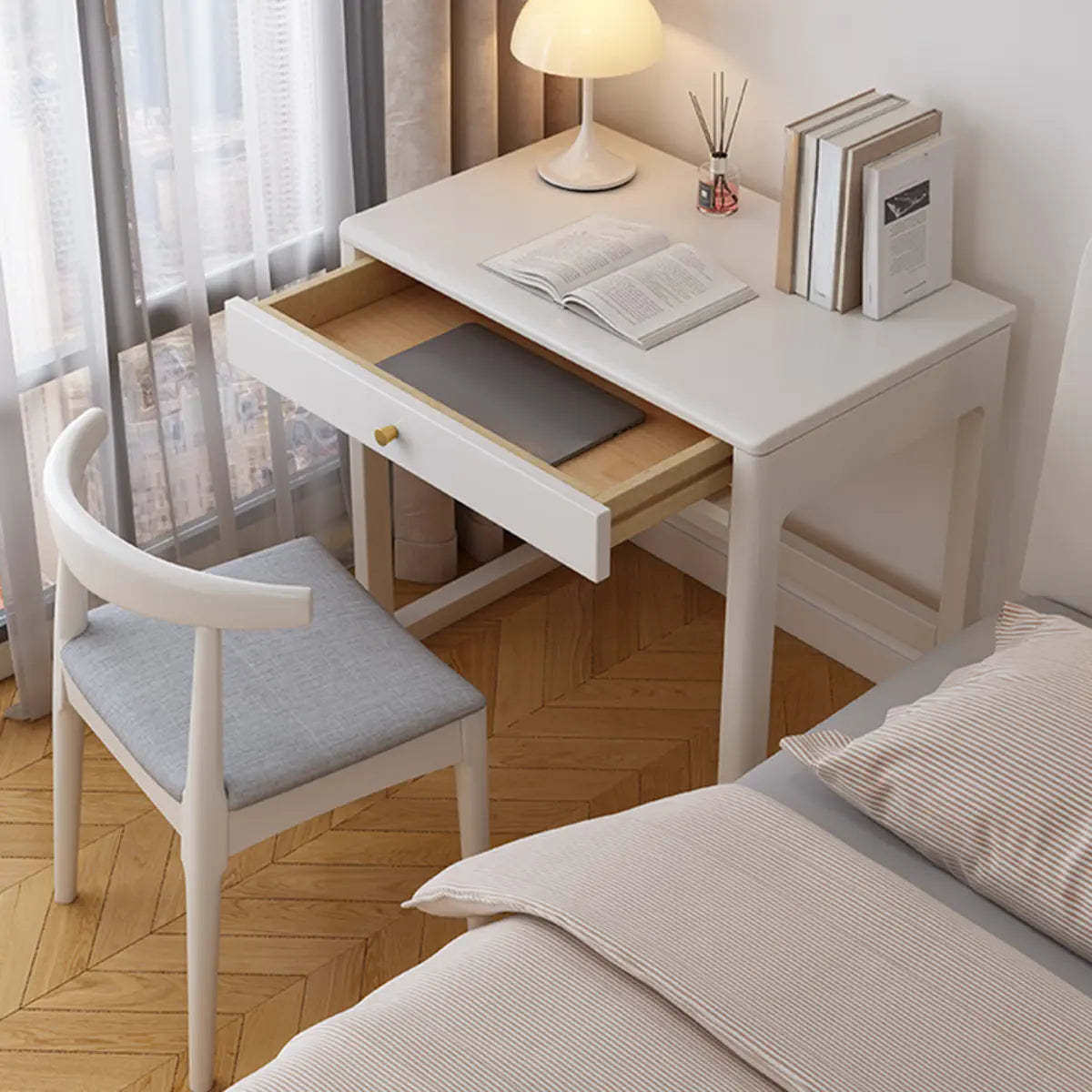 Small White Wood Drawer Sled Writing Desk — Without Chairs / Walnut