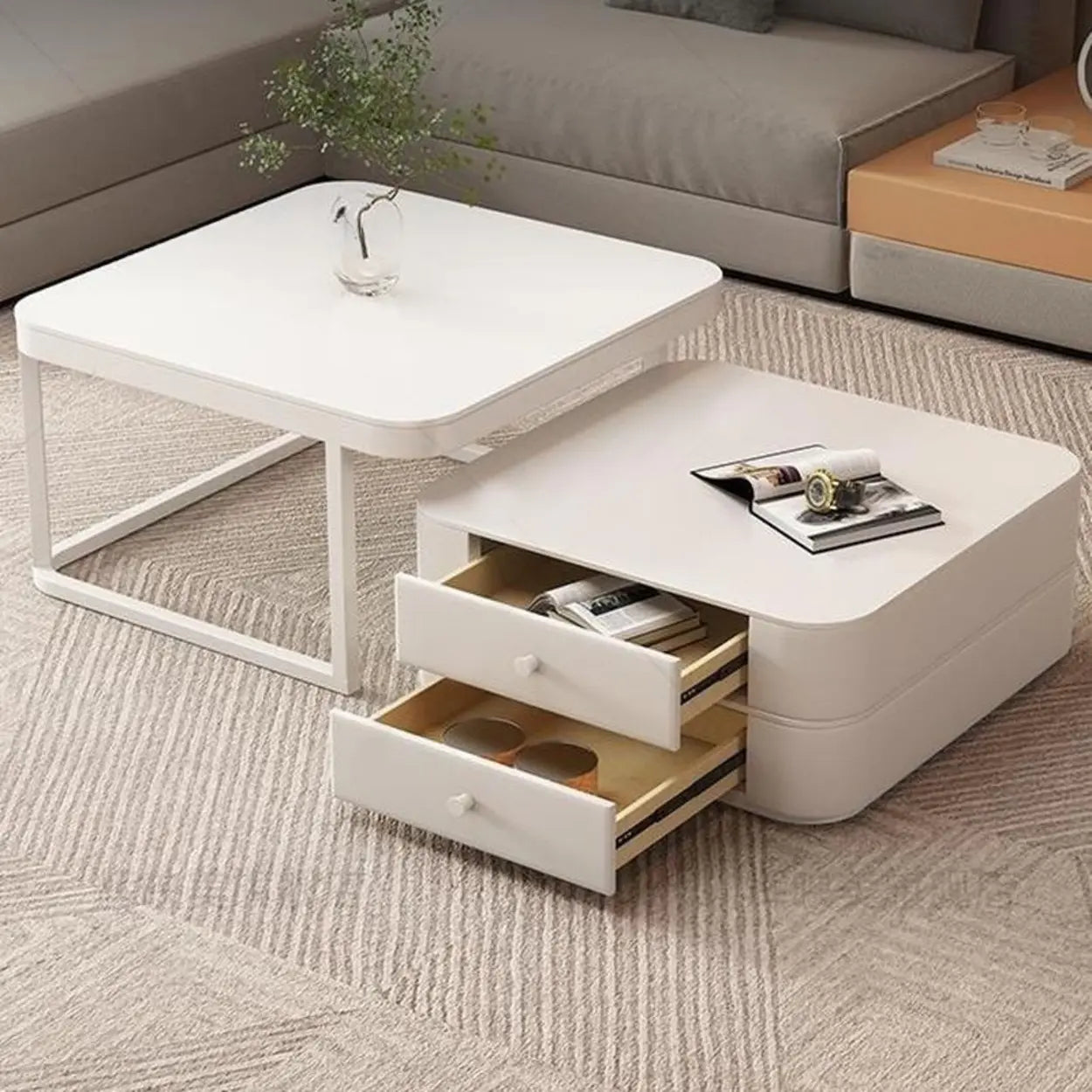 White Square Stone-Top Frame Coffee Table
