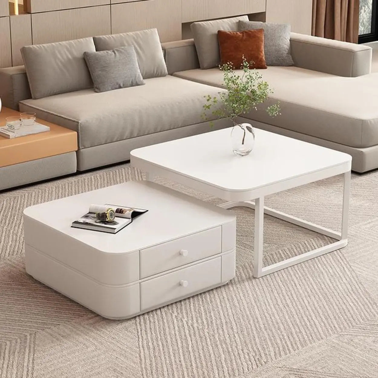 White Square Stone-Top Frame Coffee Table