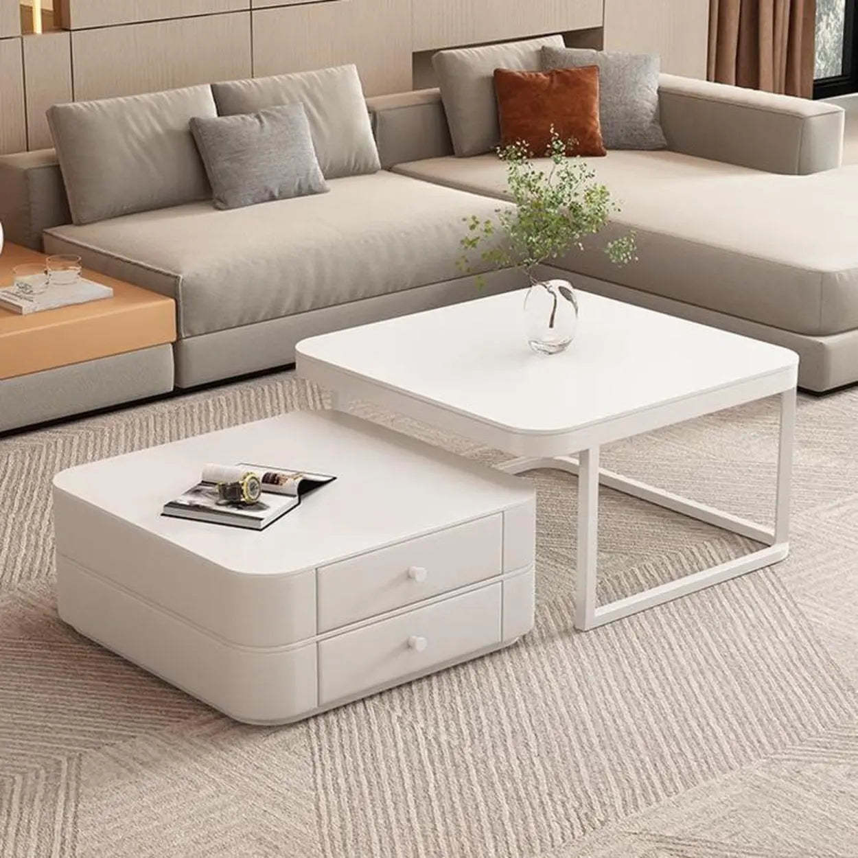 White Square Stone-Top Frame Coffee Table