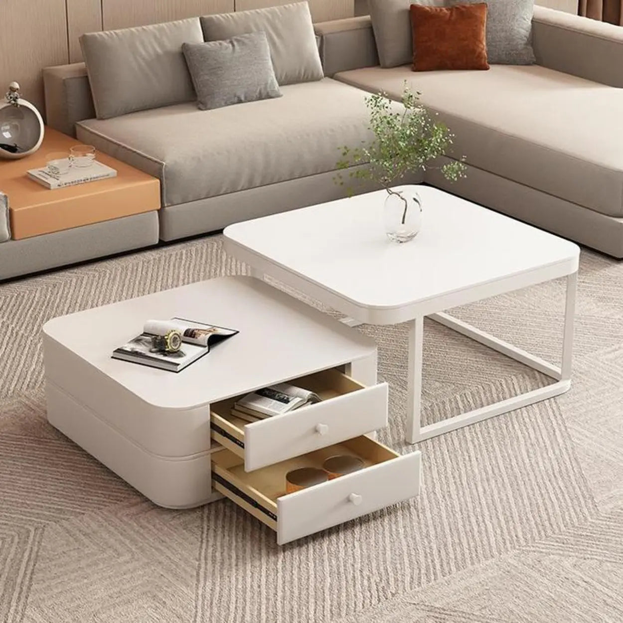 White Square Stone-Top Frame Coffee Table