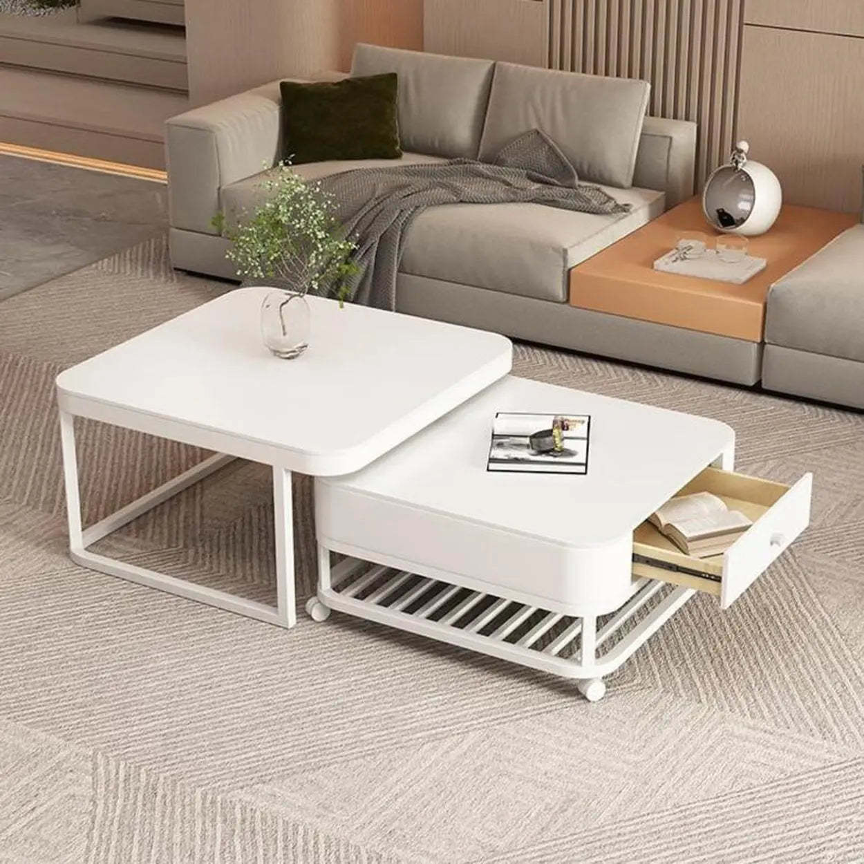 White Square Stone-Top Frame Coffee Table