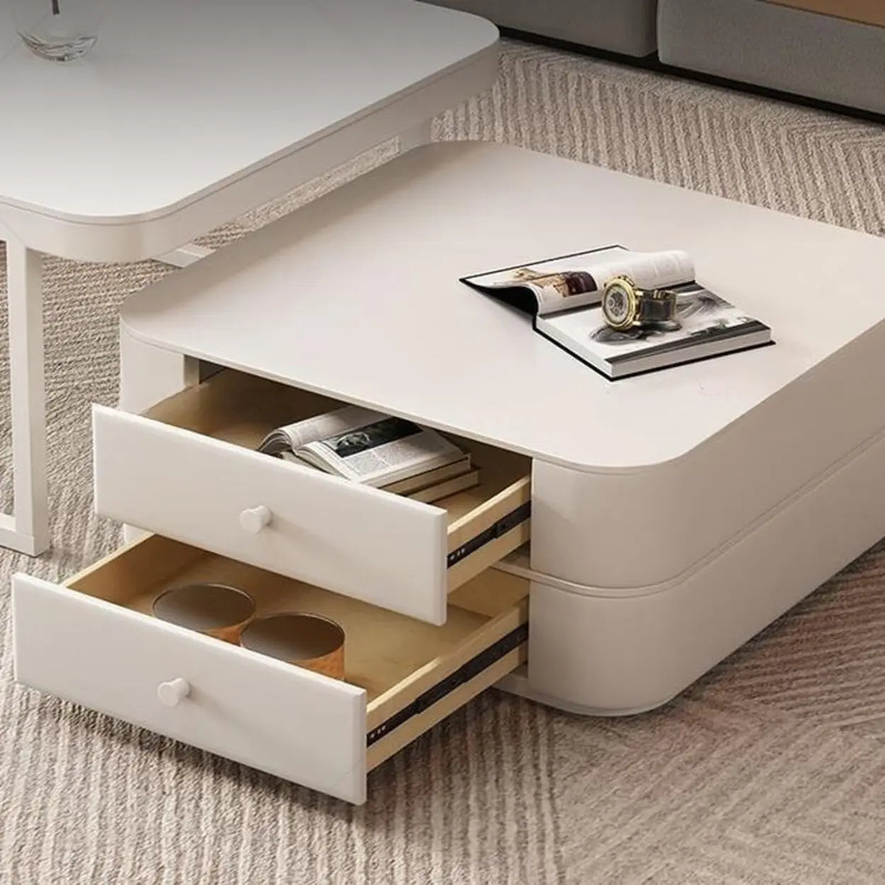 White Square Stone-Top Frame Coffee Table