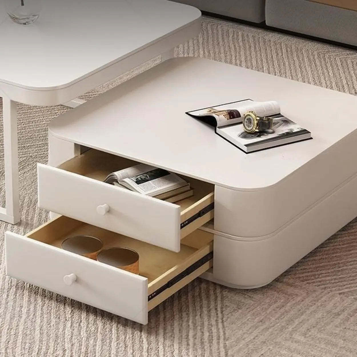 White Square Stone-Top Frame Coffee Table