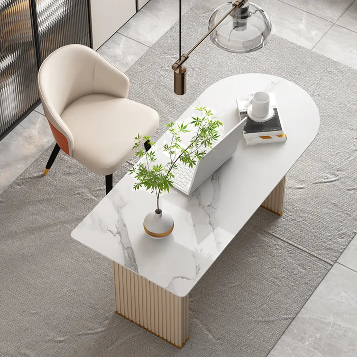 White Free-Form Sintered Stone Writing Desk — Orange / Table Only
