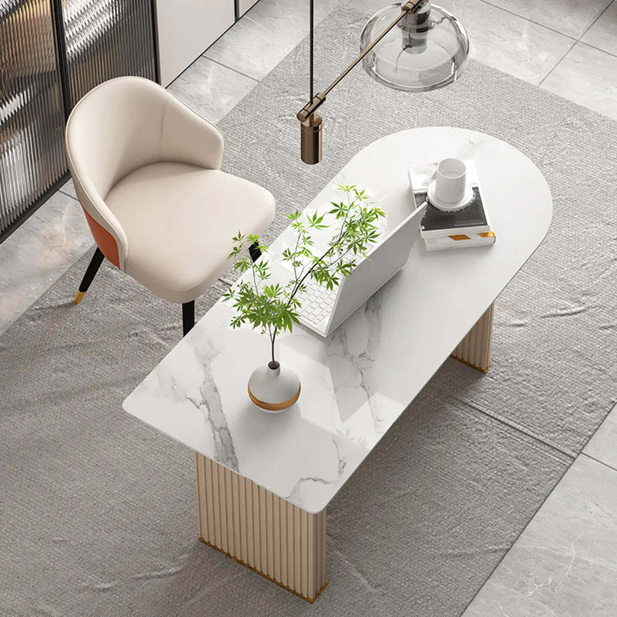 White Free-Form Sintered Stone Writing Desk — Orange / Table Only