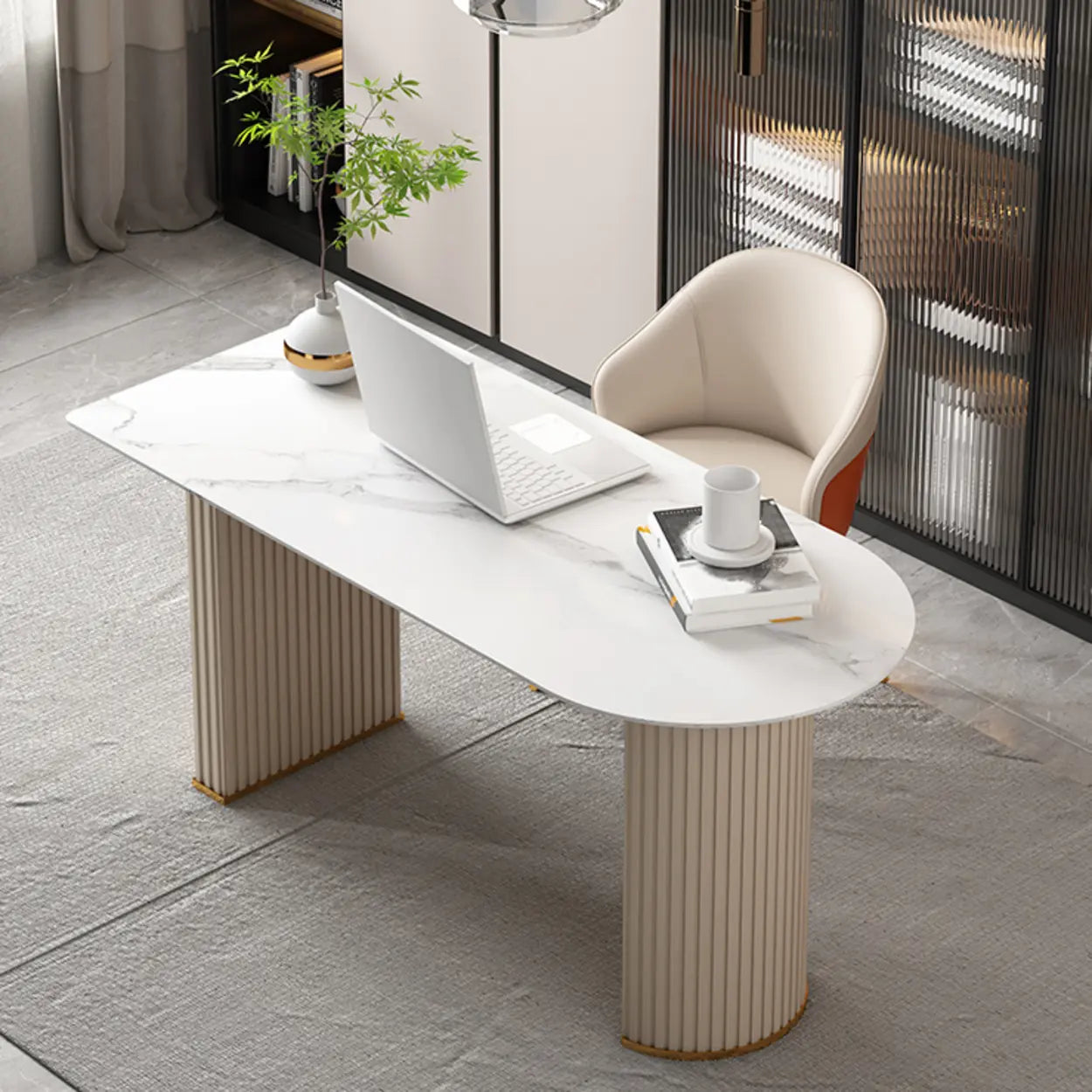 White Free-Form Sintered Stone Writing Desk — White / Table Only
