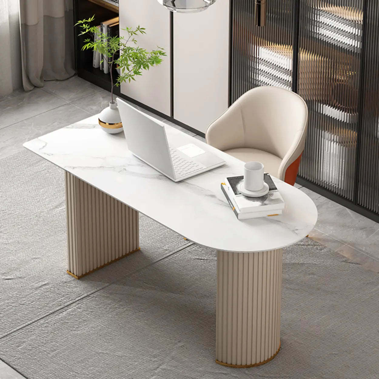 White Free-Form Sintered Stone Writing Desk — White / Table Only
