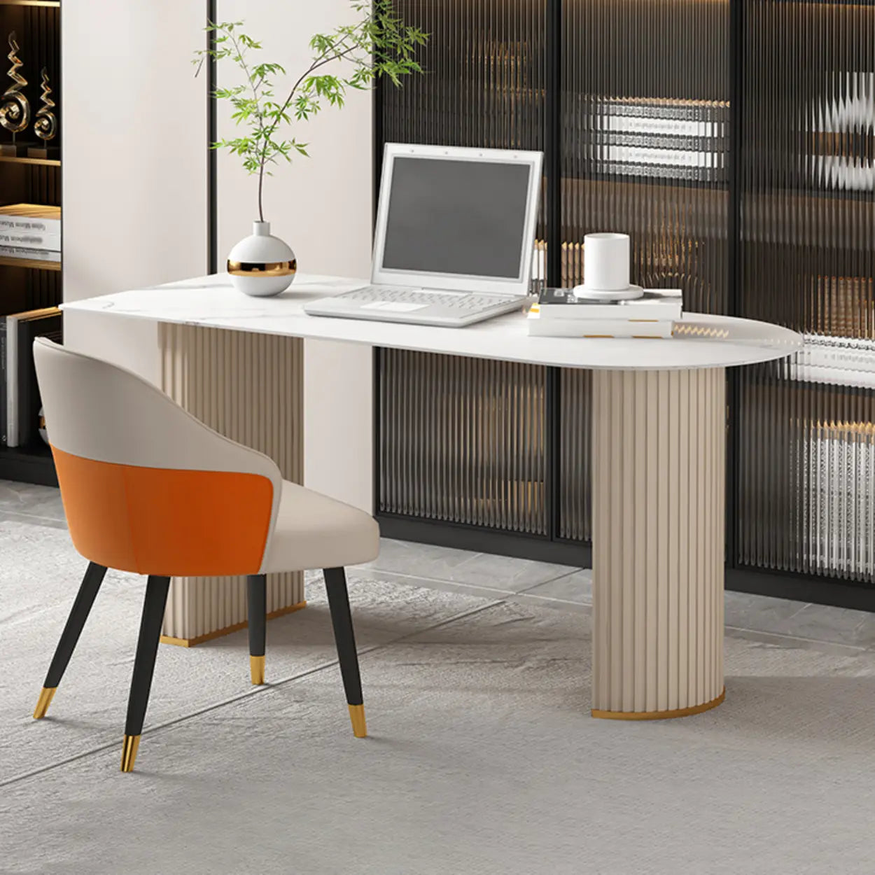 White Free-Form Sintered Stone Writing Desk — Orange / Table Only
