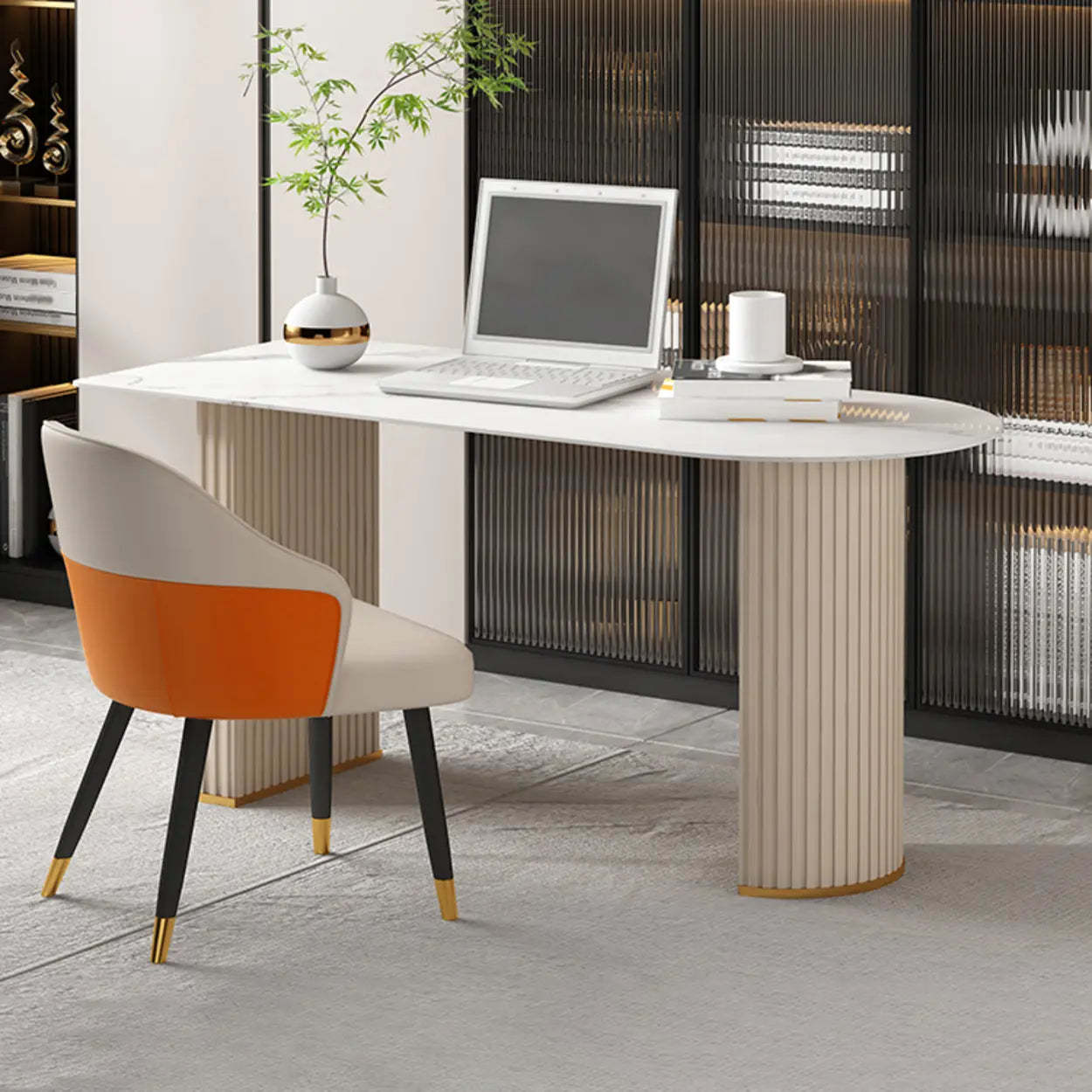 White Free-Form Sintered Stone Writing Desk — Orange / Table Only