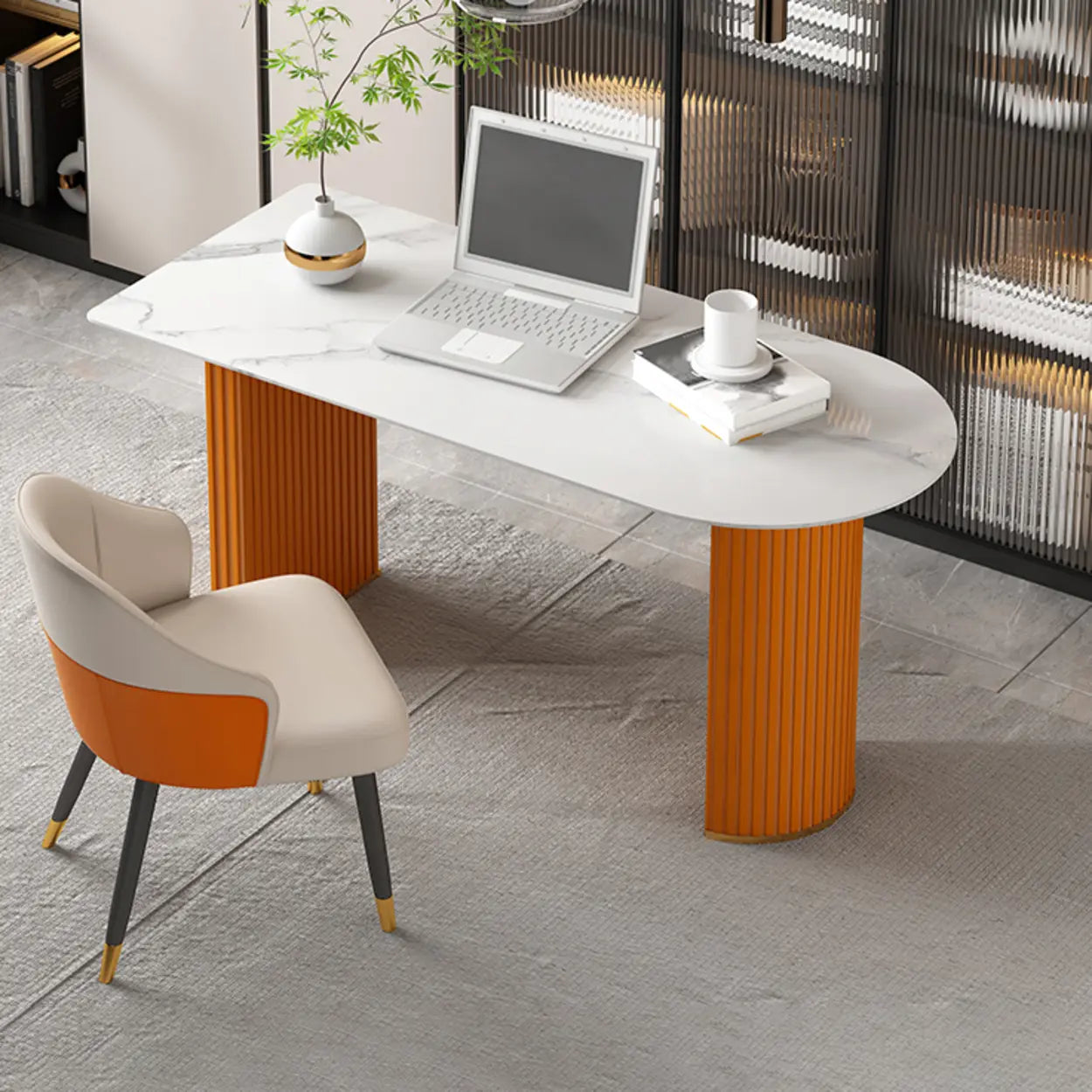 White Free-Form Sintered Stone Writing Desk — White / Table Only
